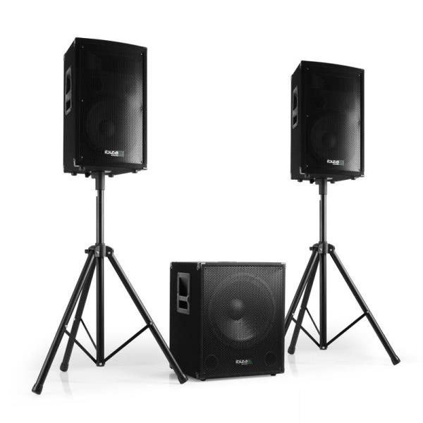 Ibiza 2.1 aktívna PA súprava, 1 × subwoofer, 2 × satelit, 2 × statív, 800 W Ibiza 2.1 aktívna PA súprava, 1 × subwoofer, 2 × satelit, 2 × statív, 800 W